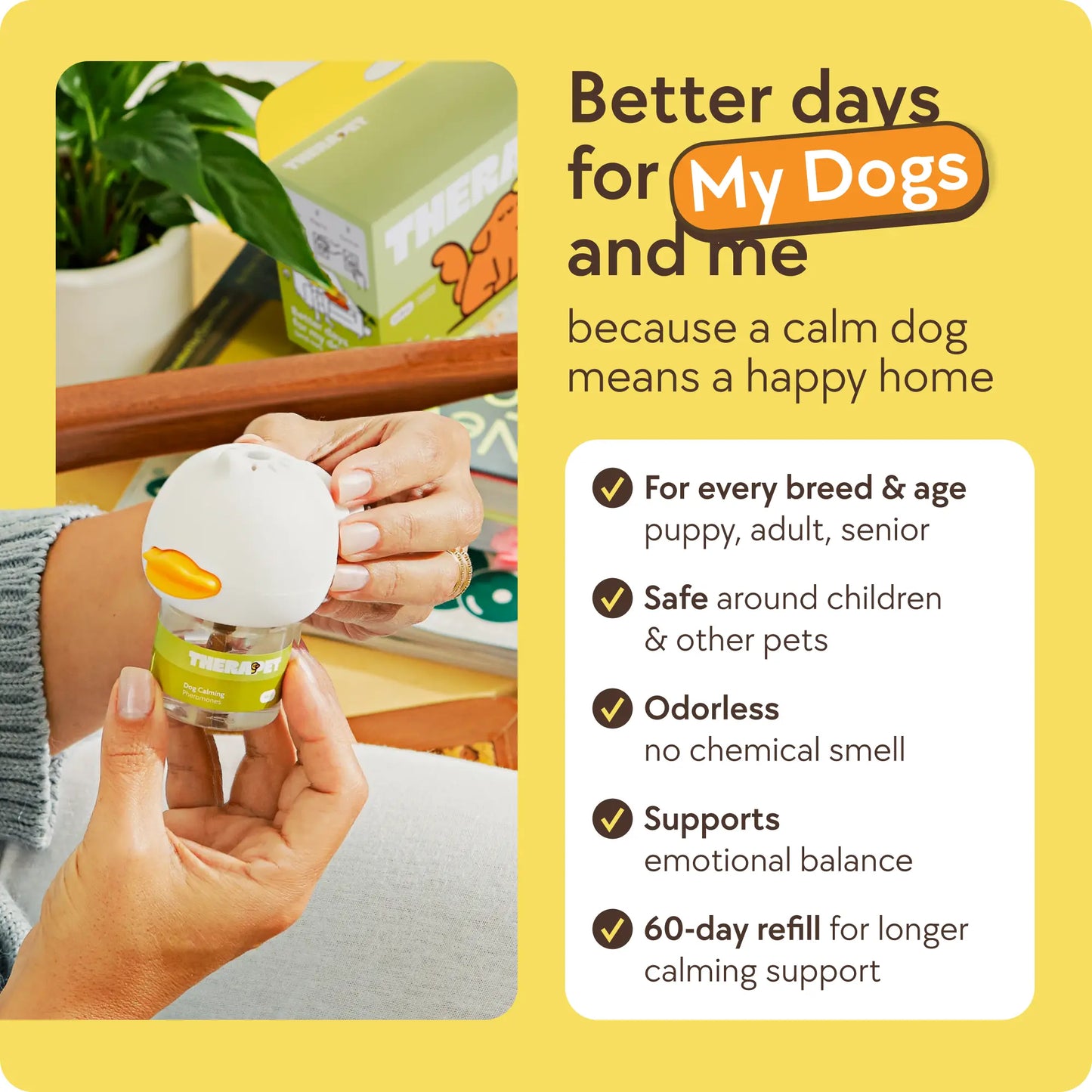 Therapetmd 60-Day Dog Calming Diffuser - Helps with Stress, Destructive Behavior, Pee Accidents, Separation Anxiety, Barking, Aggression & Chewing - 60-Day Refill Included - Packaging May Vary - Results May Vary